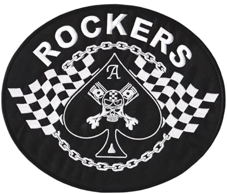 Großer ROCKERS Rückenpatch – 25,6 x 21,6 cm – Gestickter Aufnäher für Biker Rückenaufnäher Kolben Totenkopf Karierte Flagge Patch Backpatch für Motorradjacke Kutte Lederweste – Hochwertige Stickerei