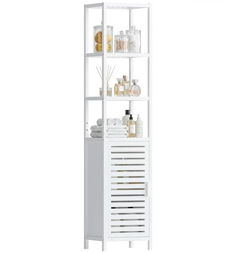 HITNET Bathroom Storage Cabinet, Bamboo Tall Narrow Linen Floor Standing Tower Organizer with Shutter Door and 4 Open Shelves for Kitchen, Living Room, Bedroom, White