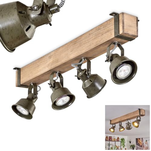HOFSTEIN Deckenleuchte Pehefito, verstellbare Deckenlampe aus Metall/Holz in Grün-Grau/Natur, Leuchte im Industrial/Retro/Vintage-Design mit Holzbalken, 4 x GU10, Wohnzimmer, Esszimmer, Schlafzimmer