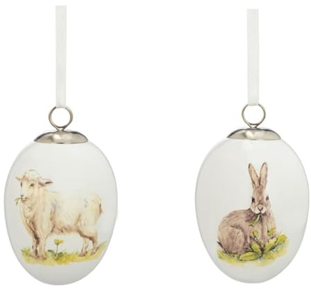 H.Bauer jun. kleine weiße Keramik Deko Eier - Bunte Motiv-Eier mit Tieren Bedruckt 5 x 7 cm zum Aufhängen - 2-teiliger Oster- oder Frühlingsschmuck für Bäume, Sträucher, Fenster oder Türen