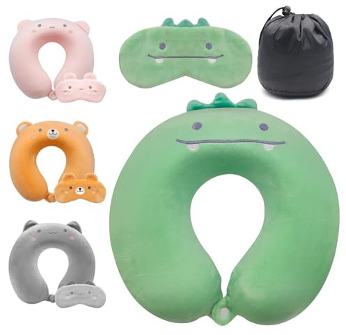 Lookka Cuscino da Viaggio, Simpatico Cuscino Peril Collo per Bambini, Cuscino di Supporto peril Collo in Memory Foam (Fodera Lavabile) Con Graziosa Mascherina per Gli Occhi per Dormire in Aereo