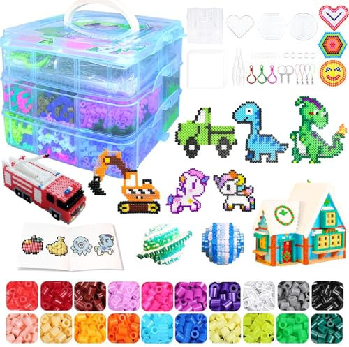 11000 Stück Bügelperlen Set, 20 Farben Steckperlen mit Aufbewahrungsbox, Bügelperlen Platten, Benutzerführung, DIY Gestalten von Schmuck, Deko, Geschenk Bastelideen für 5+ Jahre Mädchen Kinder (5mm）