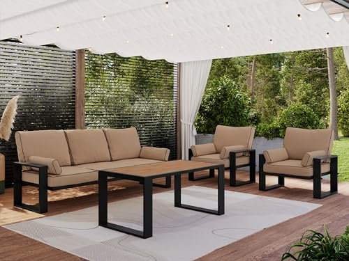 MKS MEBLE Gartenmöbel Metall wetterfest, Outdoor Möbel Sitzgruppe, Gartenmöbel Set 5 Personen, Lounge Sofa Outdoor 3 Sitzer, Gartenlounge Set mit Esstisch, Lounge Sessel Garten, Beige - ELBA 1