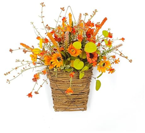 Fall Wreath for Front Door, Autumn Flower Basket Door Hanging Basket, Artificial Sunflower Wreath Wall Hanging Rattan Basket for Indoor Outdoor Porch Window Wall Thanksgiving Harvest Decor