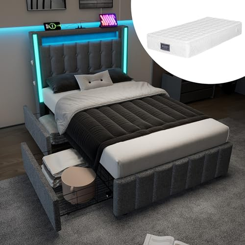 Polsterbett Mit Matratze 90x200 cm, Einzelbett mit LED-Beleuchtung und 2 Schubladen, Kopfteil mit USB Typ C Ladefunktion, Funktionsbetten mit Lattenrost, Gepolstertes Bettgestell Jugendbett, Grau