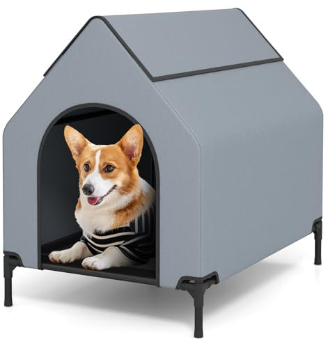 GOPLUS 2 in 1 Hundebett & erhöhte Hundehütte, Haustierbett Outdoor, wetterfestes Haustierhaus mit belüfteten Fenstern, Bettmatte aus Netzgewebe für den Innen- & Außenbereich (64 x 91 x 86 cm)