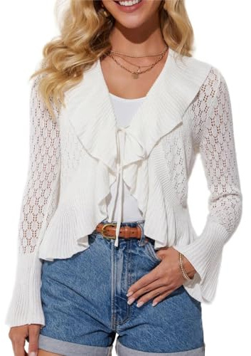 GRACE KARIN Damen Strickjacke Langarm V-Ausschnitt Elegant Leicht Strickjacke Bolerojacke Cardigan mit Krawatte Vorne Weiß L