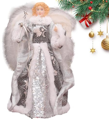 Engel Topper für Weihnachtsbaum, stehender Weihnachtsengel mit weißen Federflügeln, 7,08 Zoll Engel-Weihnachtsschmuck, Weihnachtsbaumschmuck für Zuhause Party
