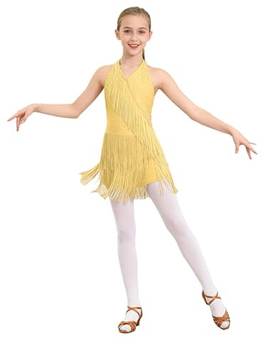 TTAO Enfant Fille Robe de Danse Latine Frangé Jaune 11-12 Ans