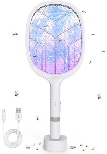 Racchetta Zanzara Elettrica 4800V: DANGZW Racchetta Elettrica Insetti 2 in 1 con Base di Ricarica USB, Batteria Ricaricabile 1800mAh e UV, Racchette Anti-zanzara Elettrico per Giardino Casa Campeggio