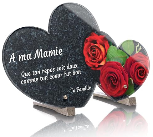 Plaque Funéraire Double Coeur Personnalisée - Roses - Plaque funéraire Altuglass avec Textes Personnalisables, Photo - Résistante aux Intempéries et Traitée Anti UV (21x12,2 cm (Petit))