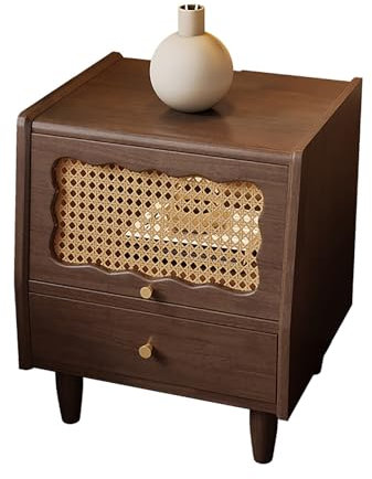 Mesita de noche de madera maciza con 2 cajones, mesa de noche con ratán y puertas de cristal, ideal para almacenamiento de dormitorio (color nogal)