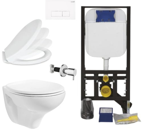 Creavit Hänge Taharet WC Set Weiß | spülrandlos, mit Bidet, Softclose WC Sitz, Unterputz Vorwandelement Spülkasten 3/6 L