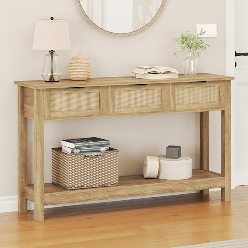Luoxiao Konsolentisch Schmal Holz Rattan Flurtisch mit 3 Schubladen Eingangstisch mit offene Ablage Schmaler Sofatisch für Wohnzimmer Boho Console Table für Flur Foyer Eingang 120 x 30 x 80 cm