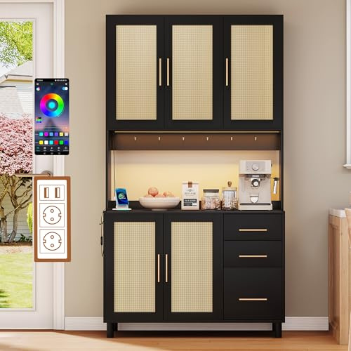 A ALFRESCOOL 183cm Küchenschrank, Küchenbuffet, Vitrinenschrank, 2 x USB, 2 x Steckdosen, Verstellbare Einlegeböden, 3 Schubladen, Goldene Metallgriffe für Küchen und Esszimmer, Schwarz