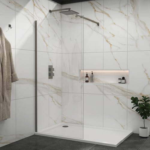Marbella 760mm Gun Metal Grey Walk in Wet Room Shower Screen 8mm Easy Clean Toughened Safety Glass with Top Support Arm