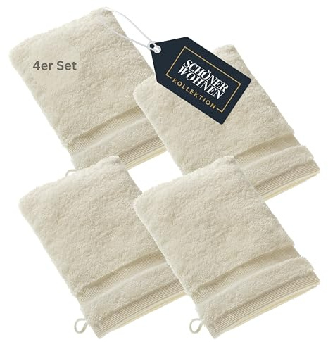 SCHÖNER WOHNEN Juego de 4 manoplas de baño premium para bebé, 16 x 21 cm, absorbentes, lujosas manoplas, color blanco, 100 % algodón, mullidas, suaves, combinables como juego de toallas, rizo para