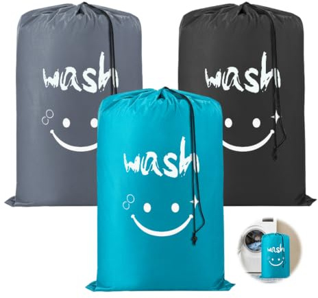 HMCEY Lot de 3 Sac a Linge Sale Voyage 61 X 91 cm,Pochon Linge Sale,Grand Sac à Linge Imperméable,Laundry Bag Travel,Sacoche à Linge Pliable,Sacs de Rangement Avec Cordon,Sacs Portable pour Vêtement