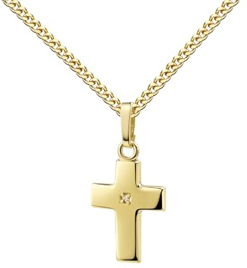 JEVELION Goldschmuck 585 Gold Zirkonia Kreuzanhänger 14 Karat Gelbgold hochglanz poliert - kleiner Goldschmuck für Damen und Kinder. Mit Damenkette 925 Silber vergoldet - Kettenlänge 50 cm.