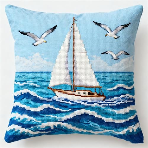 Henypt Kreuzstichkissen Set Cartoon-Segelboot Auf Dem Meer Kreuzstickpackung Vorgedruckt Sticksets Für Erwachsene,Anfänger,Kreuzstichkissen/Stickkissen-Set 45x45cm
