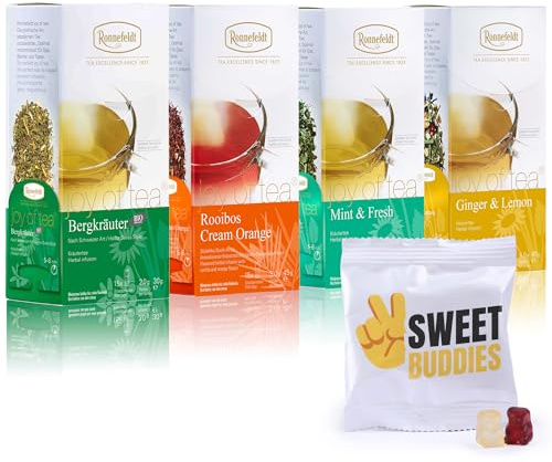 Ronnefeldt Tee Premium Kräuter Tee Probierset 4er Mix + Fruchtgummis 10g | Bergkräuter (Bio), Ginger & Lemon, Mint & Fresh & Rooibos Cream Orange, 4 Teeboxen