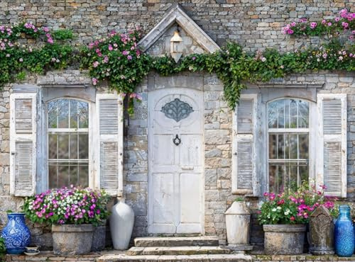 French Shutter Door Garden Mural, Tapestry & Curtain Waterproof Outdoor Wall Hanging, Rustic Stone House Wall Art with Flower Pots & Fence Decor W94.5 inches x H70.87 Inches