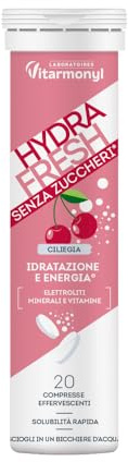 Vitarmonyl Hydrafresh Compresse Effervescenti Idratazione - Ciliegia 20 pz | Elettroliti, Magnesio, Calcio, Vitamine C e B - Integratore Energetico - Recupero Allenamento Sport - Senza Zuccheri
