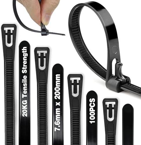 Reusable Cable Ties Black 200mm - 200mm x 7.6mm, 100 Pack Nylon Heavy Duty Zip Ties, Releasable Long Cable Ties UV Resistant for Workshop, Cable Management, Gardening, Home Use