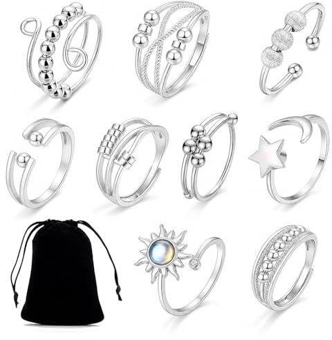9 Pcs Anxiety Ring for Women, Adjustable Spinner Fidget Ring for Girls and Teens, Rotating Stress Relief Mood Ring Set, Open End Anxiety Relief Ring for Daughter, Girlfriend, Wife, Silver