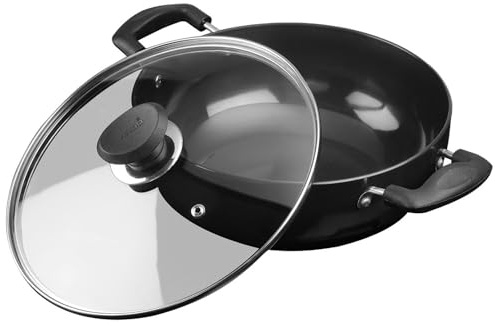 Vinod Pearl Hard Anodised Kadai with Stainless Steel Lid, 7 L, Black