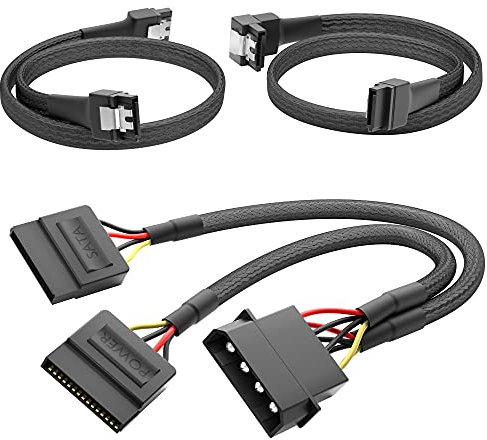 KabelDirekt – Cavo Molex a 4 Pin su 2x cavi elettrici SATA + cavo dati SATA 3 con angolo a 90° + cavo dati (per il collegamento di dischi rigidi e lettori (DVD, Blu-Ray))