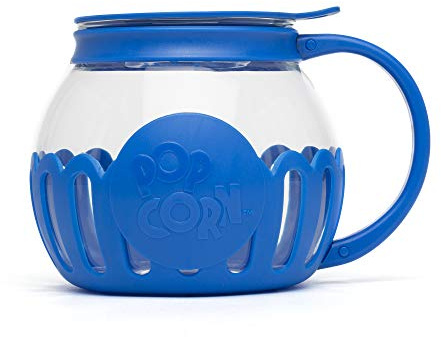 Ecolution Patented Micro-Pop Microwave Popcorn Popper with Temperature Safe Glass, 3-in-1 Lid Measures Kernels and Melts Butter, Made Without BPA, Dishwasher Safe, 1.5-Quart, Blue