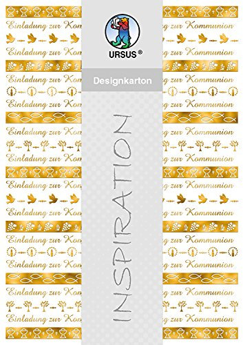 Ursus 60824602 - Designkarton, Bordüren, Kommunion, DIN A4, 200 g/qm, 5 Blatt, mit Banderole, Vorderseite mit Heißfolie in gold veredelt, ideal für kreatives Basteln