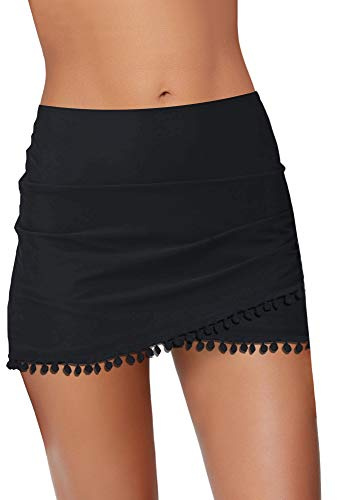 GRAPENT Women's Tassels Mid Waist Tulip Hem Shirring Swim Skirt Swimsuit Bikini Bottom Black Size Meidum Size 8 Size 10