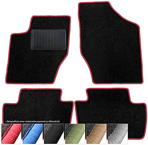 moto-MOLTICO Fußmatten Auto - Velours Autoteppiche passend für Mitsubishi Colt (2005-2012) - 4-teiliges Set - Schwarze Automatten mit Roten Ziernähten