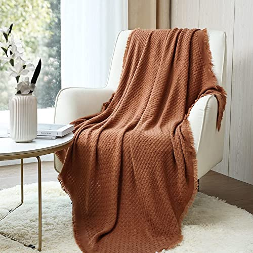 CREVENT - Manta Decorativa Tejida para el sofá, la Silla, la Cama o para Viajes, cálida, Ligera, Suave y cómoda, para Todas Las Estaciones, (127 X 152 cm, Color marrón Caramelo/Naranja Oscuro)