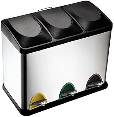 Cubo de Basura Basura Can 3-Compartimento Basura de Acero Inoxidable Puede clasificar Reciclar Bote de Basura Bandejo Suave Close Close Lid 24L / 6.3 galones Uso Interior y Exterior