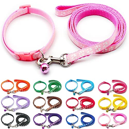Small Dog Puppy Pet Collar and Lead Set Pawprint Design Nylon Adjustable Size 19-32cm Collar with Bell and 120cm Leash Light Pink