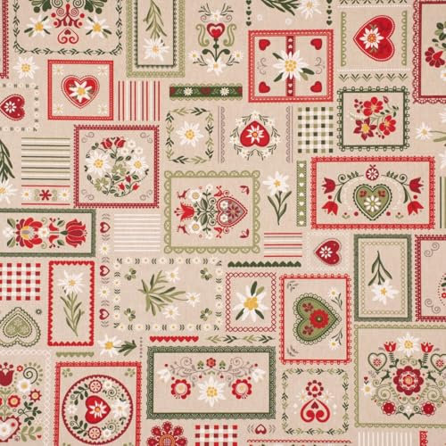 SCHÖNER LEBEN. Dekostoff Landhaus Edelweiß Patchwork Blumen Herzen Natur grün rot 1,
