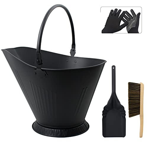 Poofzy Kohle- und Ascheeimer mit Schaufel, Besen und Handschuhen, 3,2 Gallonen großer Metall-Kohleneimer für Innen- und Außenkamin, Feuerstellen, Holzöfen, Grill