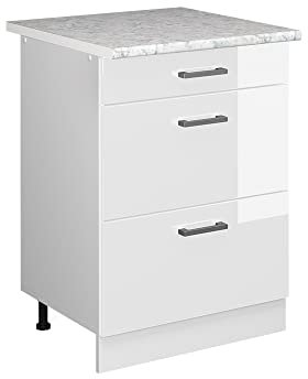 Vicco Küchenunterschrank R-Line, Weiß Hochglanz/Weiß, 60 cm mit Schubladen, AP Marmor