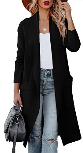 Maavoki Cardigan da Donna, a Maniche Lunghe, Aperto sul Davanti con Tasca, Casual, Lungo, Tinta Unita, Nero, M