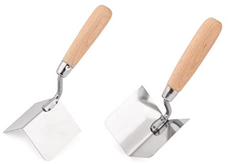Mivos 2 x Eckenkelle Rostfreie 80 x 60 mm - Inneneckenkelle und Außeneckenkelle aus Edelstahl - Innen und Außen Kantenkelle mit Holzgriff - Eckspachtel Made in EU