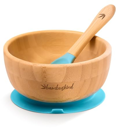 bambuskind Kinderschüssel mit Saugnapf blau Inkl. Rezepte-Ebook I rutschfester Babyteller aus Bambus mit Löffel I Kindergeschirr-Set zum Essen lernen I ohne schädliche Kunststoffe