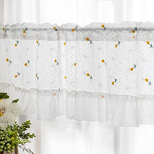 A.Monamour Gardine Scheibengardinen Kurzstores Halbtransparente Weiße Baumwolle Stickerei Mit Gelben Blumen Kurzvorhang Kurzgardinen Küchengardine Küche Vorhang Fenster Kurz Stores Bistrogardine