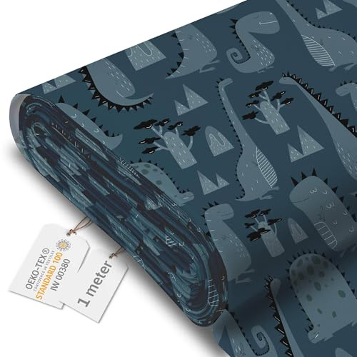 DreamRoots Markisenstoff Meterware, Dark Cartoon Style Dinosaur, 1 m | Oxford Segeltuch wasserdicht, Polsterstoff, 220 g/m² 600D, 160 cm breit, Kinderstoff, für Deko & Nähen
