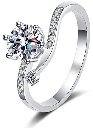 Anillos de Plata 925 Mujer, Anillo Plata Mujer Ancho 6 Garras con 1Ct Redonda Blanco Moissanita Talla 12