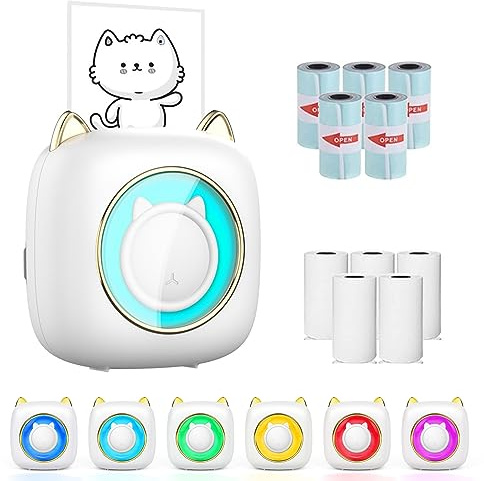Mini Drucker, Tagbarer Fotodrucker mit 10 Thermopapierrollen Und 7 Farben LED für Smartphone, Sticker Drucker, Thermo Fotodrucker für Journal, Reisen Logo, Notizen, Journal, Liste, Memo (Weiss)