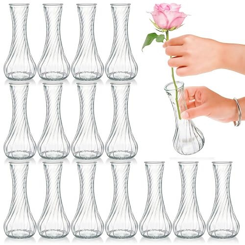 Noamus 16-pack knoppvas i glas, genomskinliga små blomvaser i bulk, gängade glasvaser för bordsuppsatser, mini vintage vas blommig flaska för rustik bröllop hem bordsdekor, blomsterarrangemang
