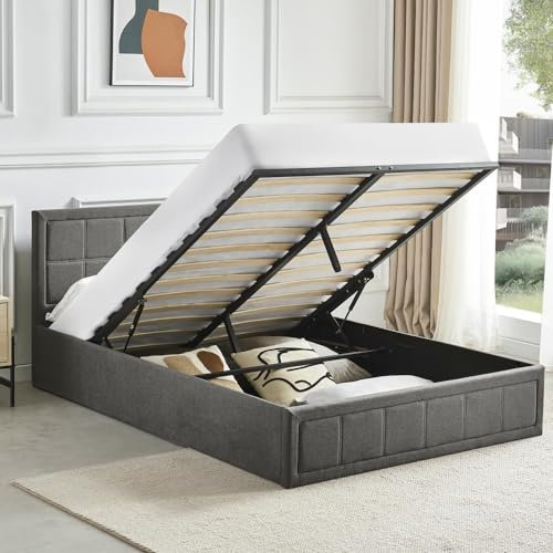 Blisswood Ottoman Bed, Upholstered Bed Frame, Ottoman Bed With Storage Gas Lift End Opening Wooden Slats Single Double Bed Frame With Storage (Dark Grey, Double)